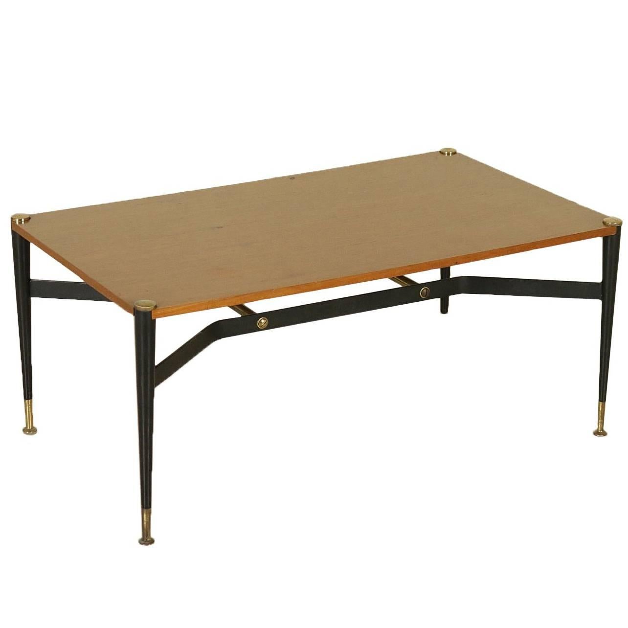 Coffee Table Teak Veneered Wood Metal Brass Vintage, Italy, 1960s