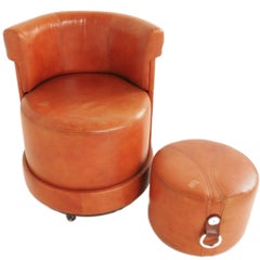 Retro Mid-Century Leather Chair and Pouf by Guido Faleschini