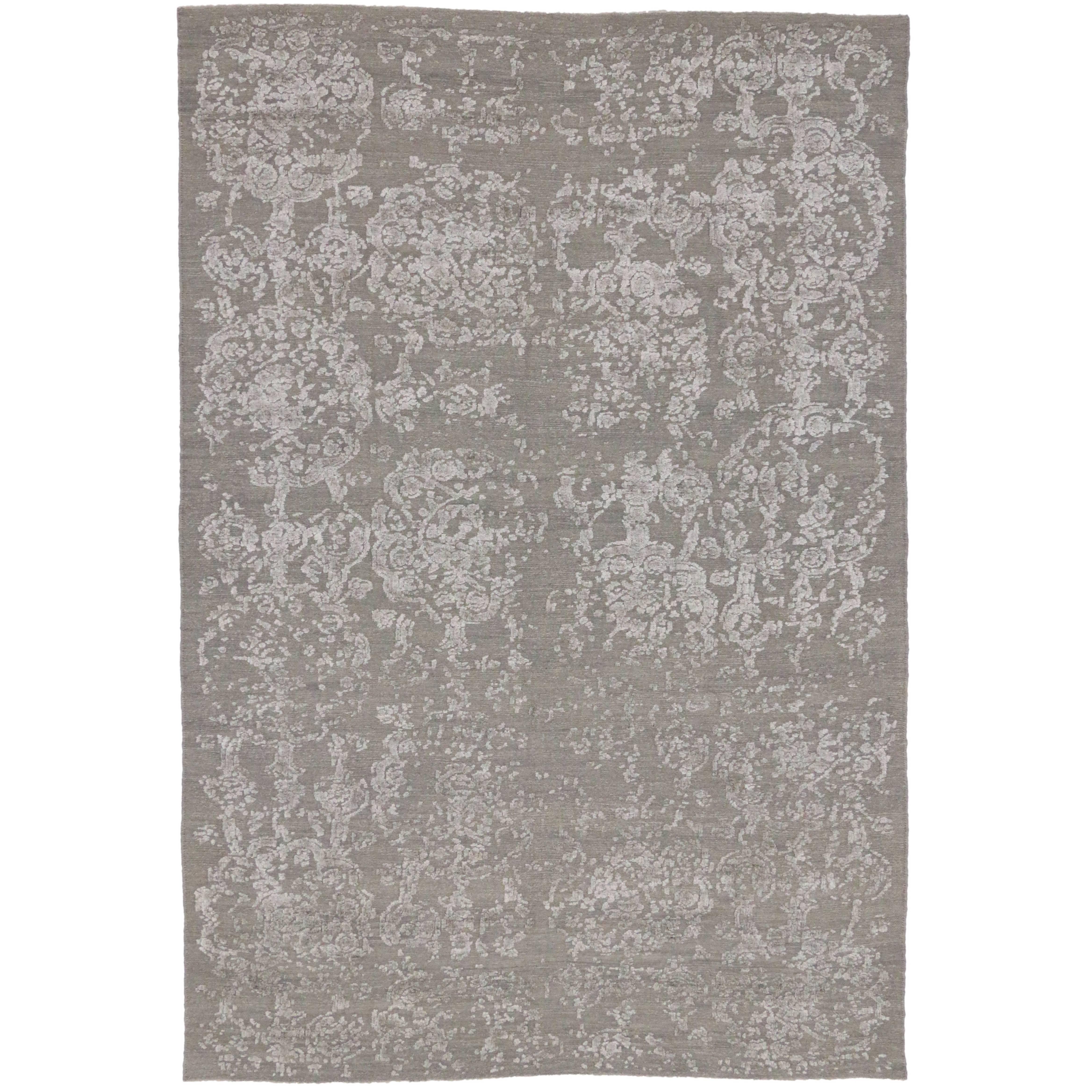 New Modern Erased Damask Wool and Silk Rug with Transitional Style