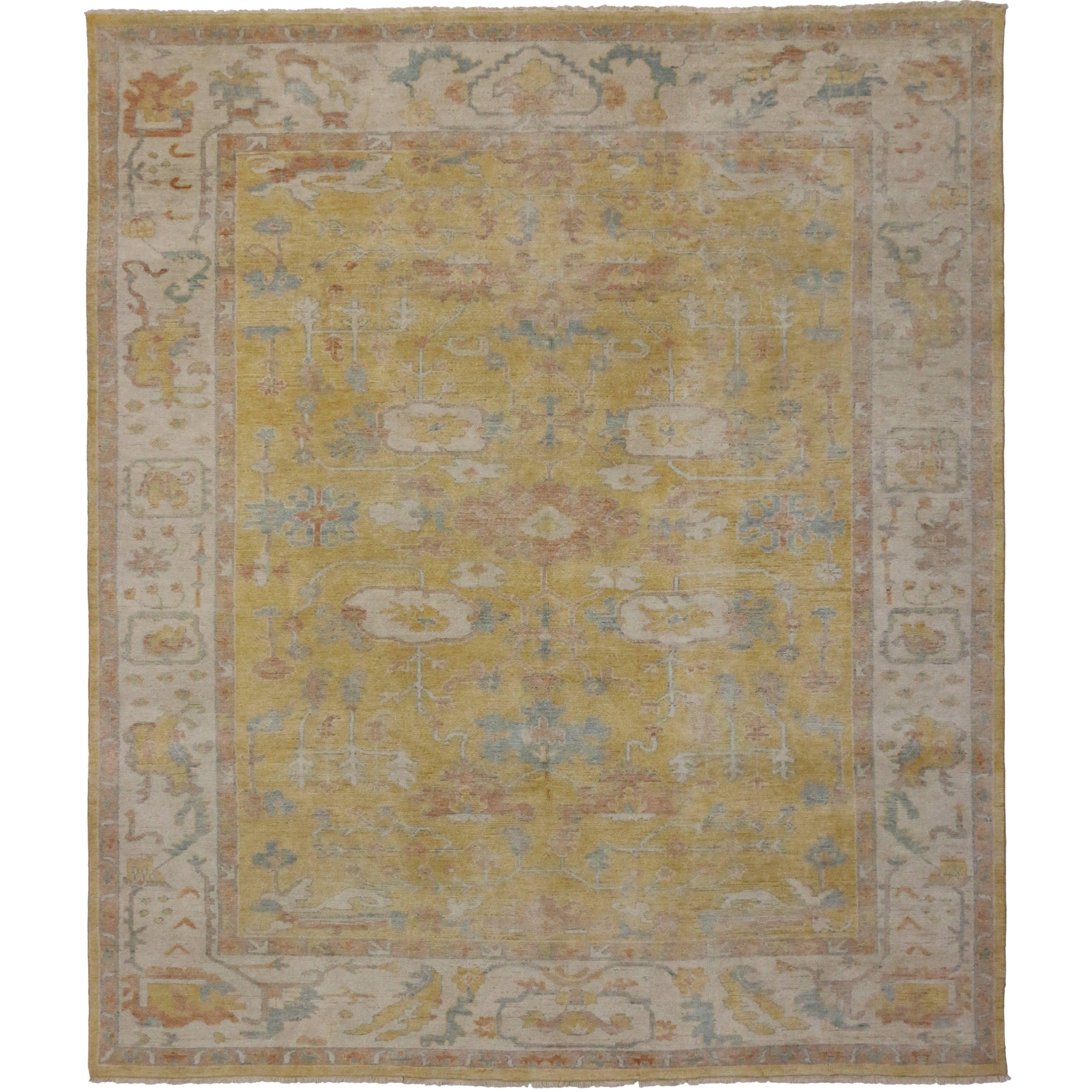 Modern Yellow Oushak Rug with Transitional Style