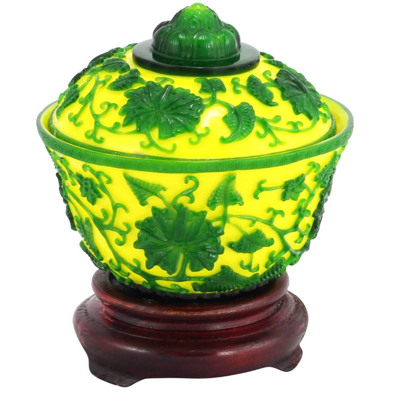 Green and Yellow Peking Glass Lidded Bowl For Sale