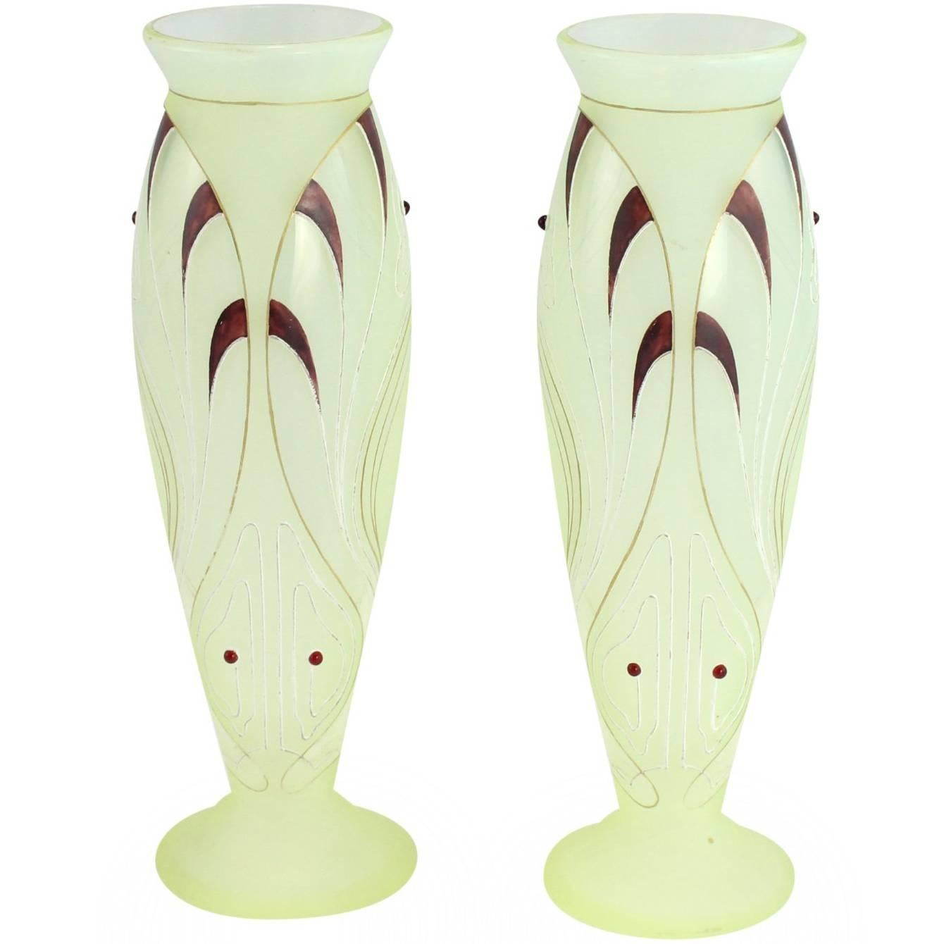 Pair of Art Nouveau Uranium Glass Vases by Joseph Riedel