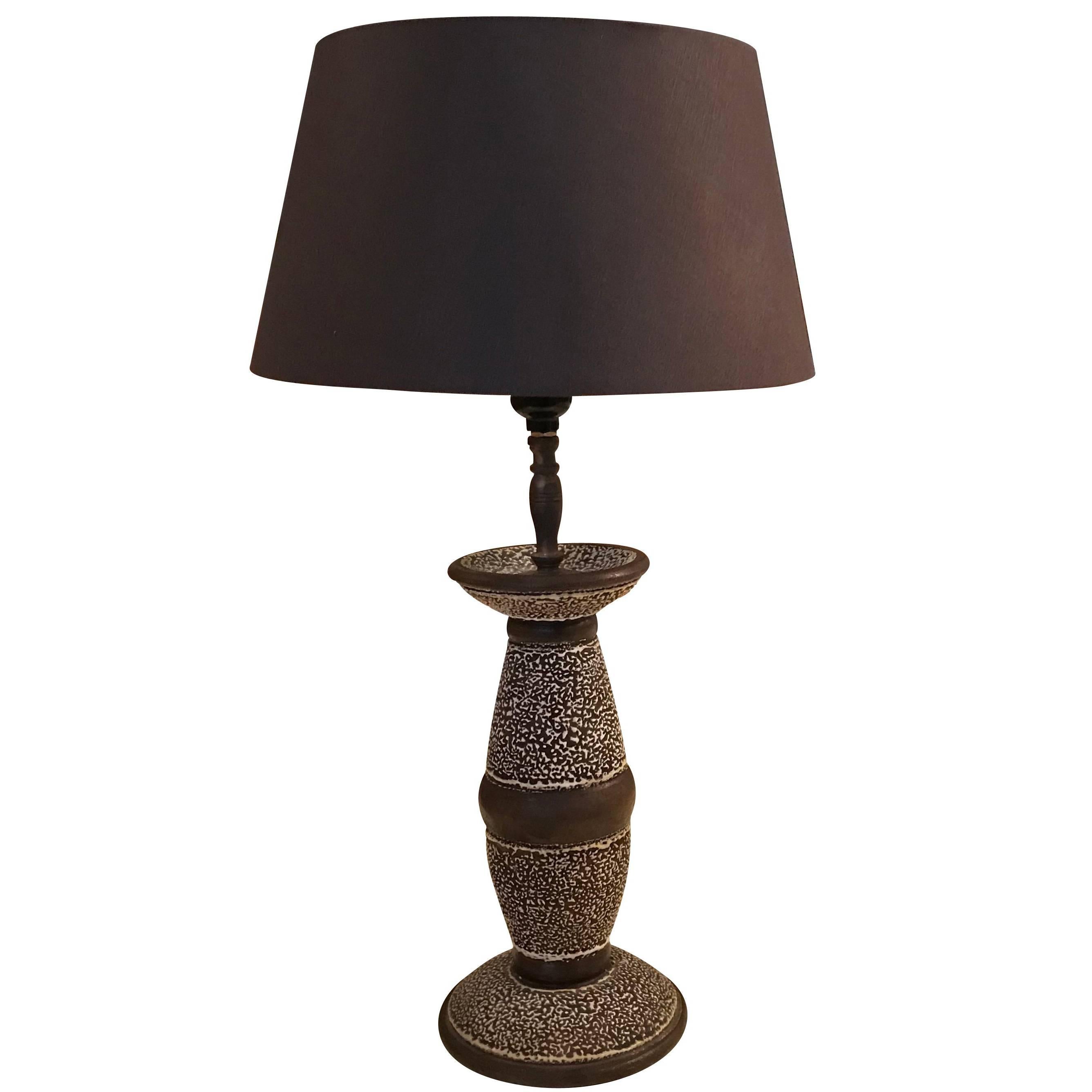 Jean Besnard Brown and Cream Single Ceramic Lamp, France, Mid-Century