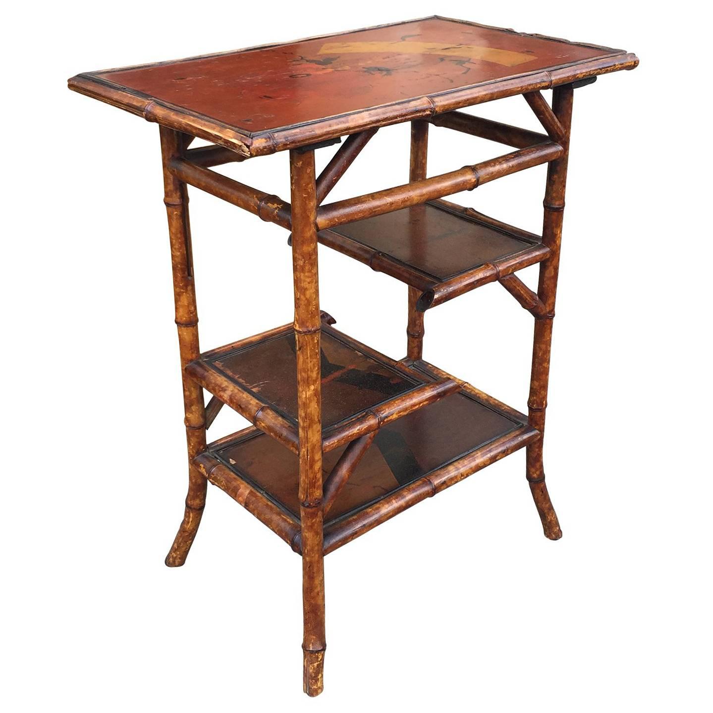 Small Chinese Bamboo Side Table with Painted Shelves, circa 1900