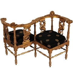 Antique Carved and Gilded Tête-à-Tête Chair