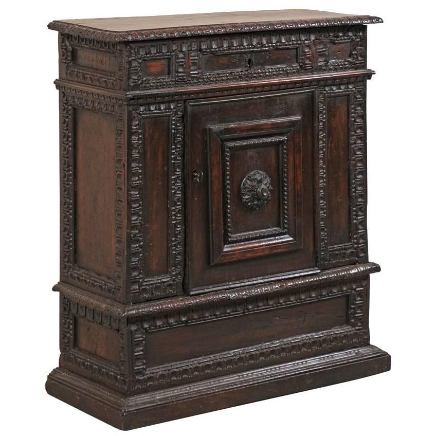 Early 18th Century Italian Smaller-Sized Cabinet, Richly Carved, w/Top Lift Door For Sale
