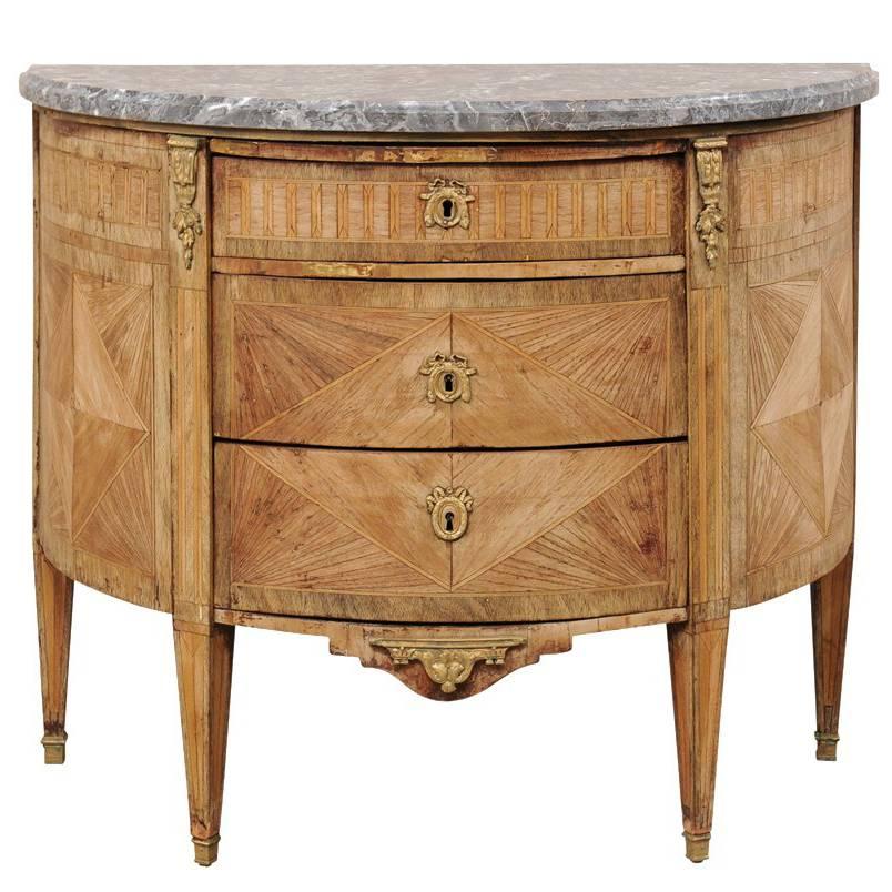 French 19th Century, Demilune Chest with Honed Marble and Marquetry Wood Details