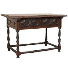 Spanish Early 18th Century Walnut Wood Desk with Spindled Legs and Box Stretcher