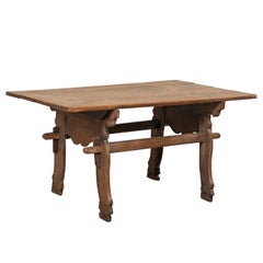18th Century Spanish Walnut Wood Table with Uniquely Carved Trestle End Supports