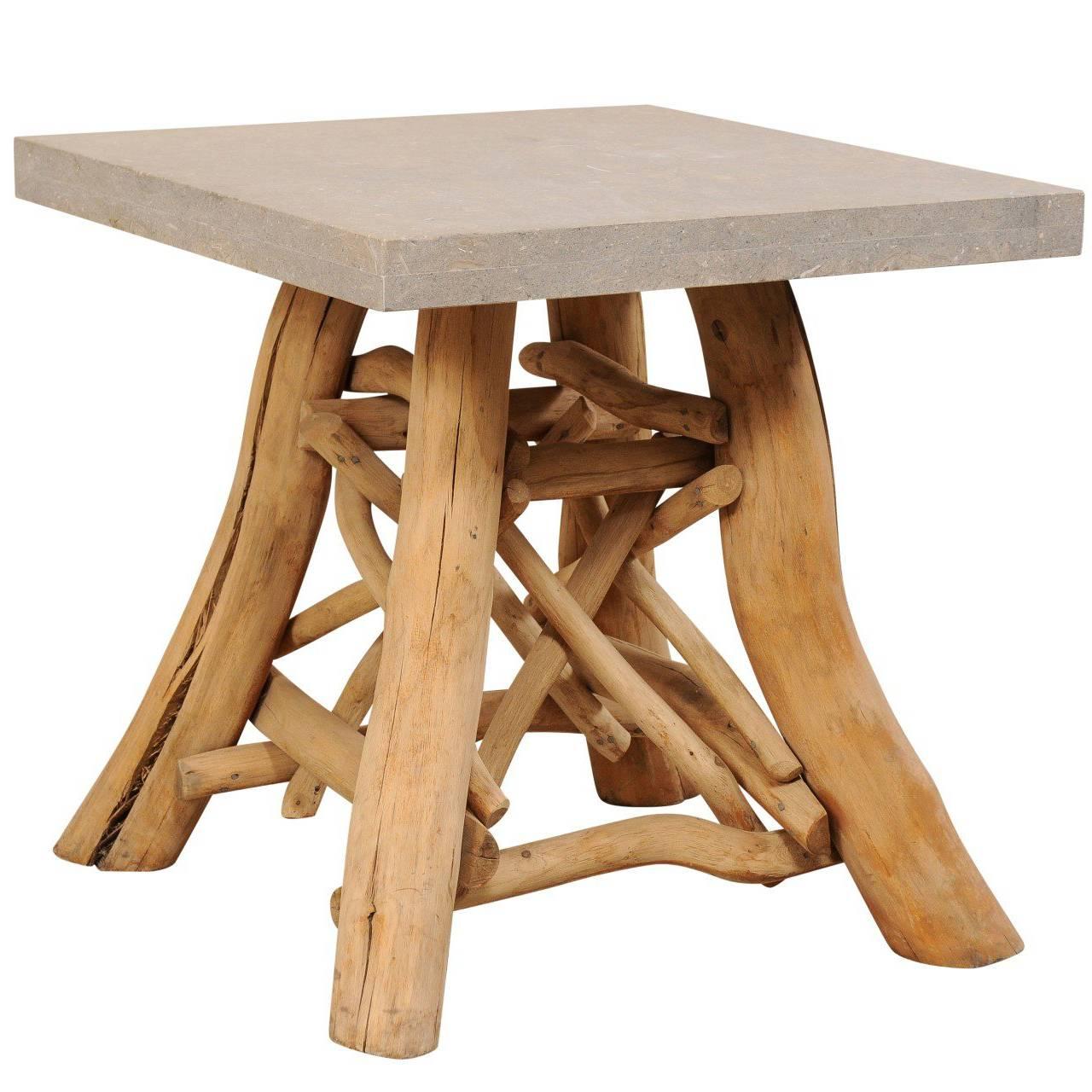 European Rustic Natural Tree Branch Occasional Table with Honed Stone Top