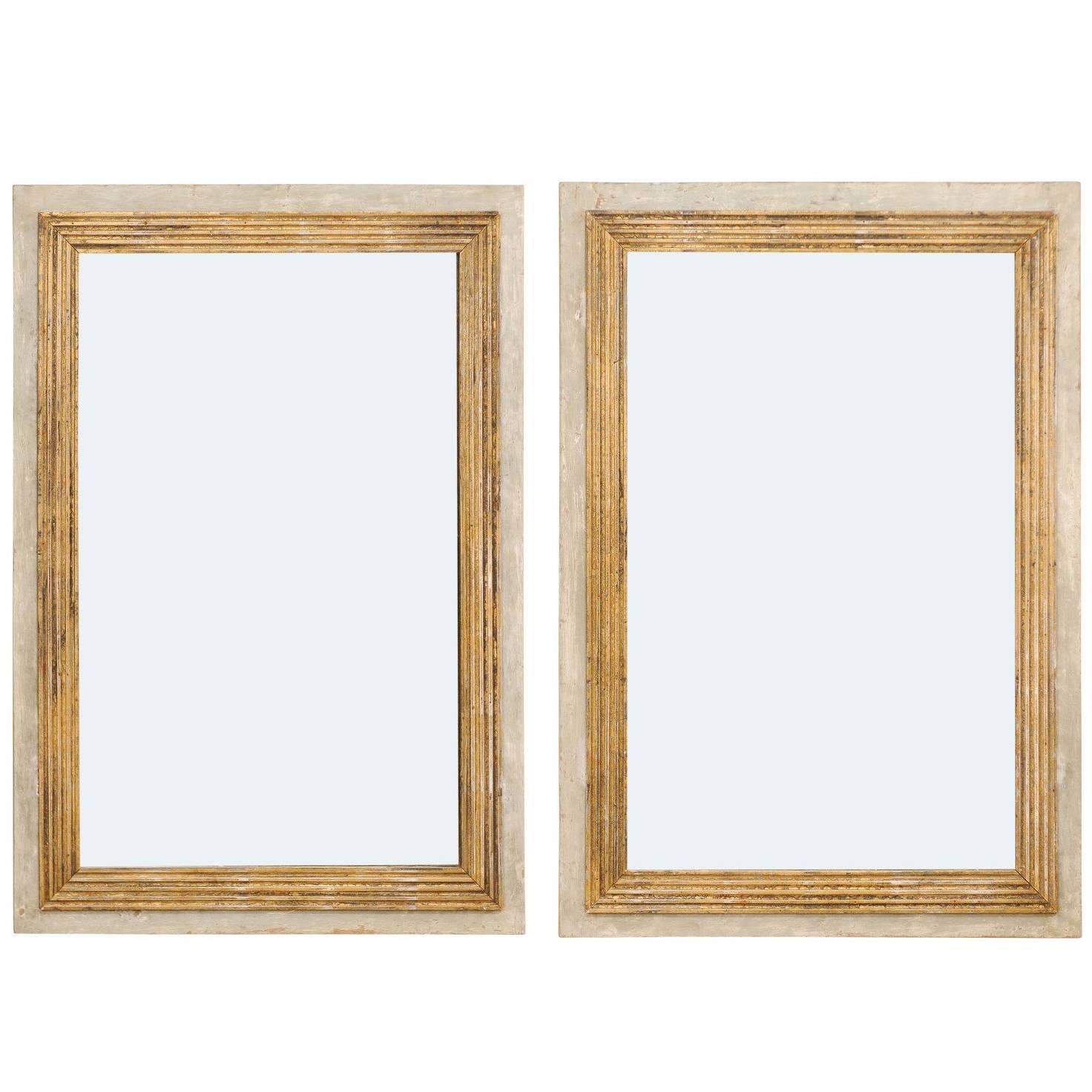 Pair of French Painted Gold and Soft Grey Mirrors with Reeded Details