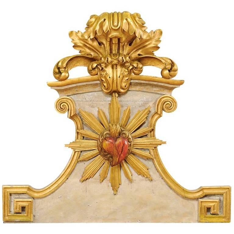 Spanish 18th C. Wall Plaque w/ Elaborately Carved Crown & Heart w/Rays at Center
