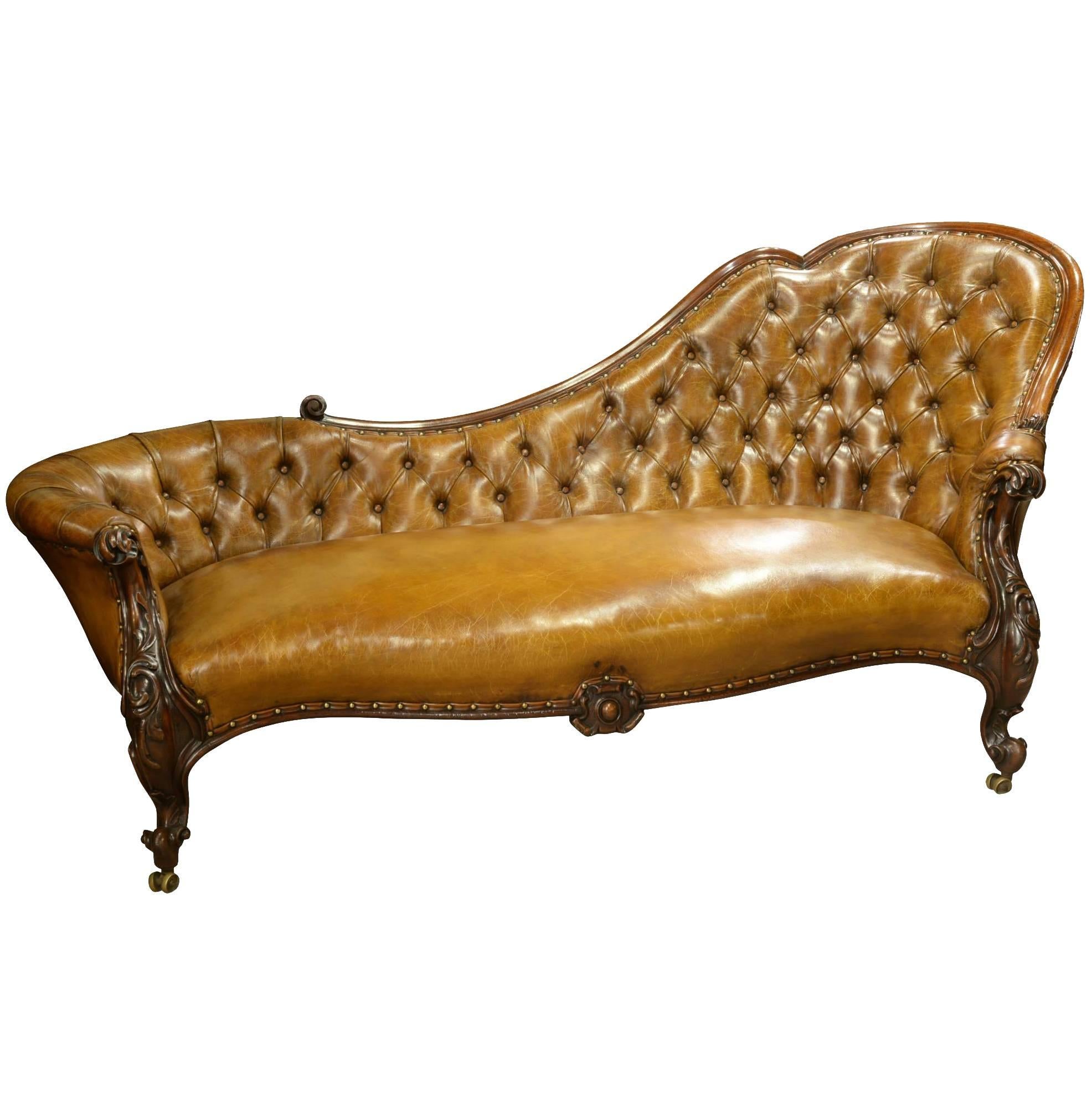 Deep Buttoned Chestnut Leather Chaise Longue For Sale