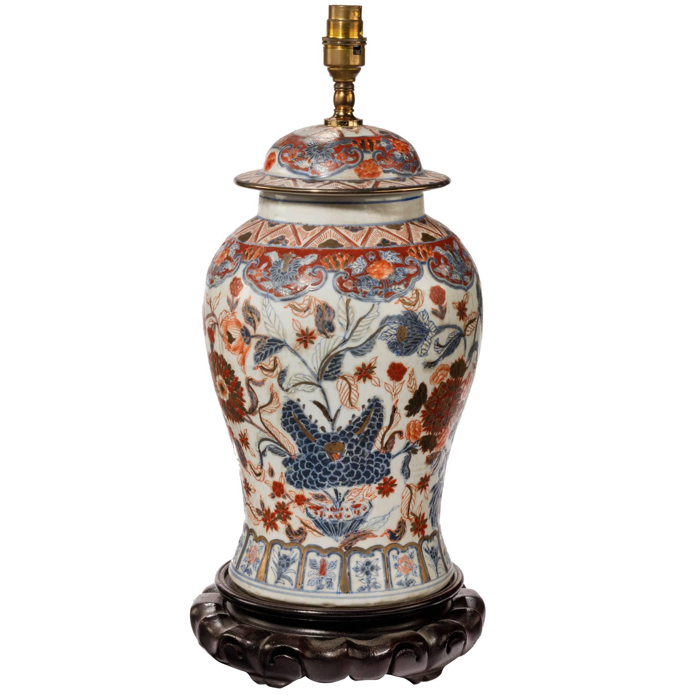 Mid-20th Century Porcelain Lidded Vase Lamp in the Imari Palette