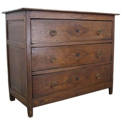Antique French Folk Art Inlaid Oak Commode