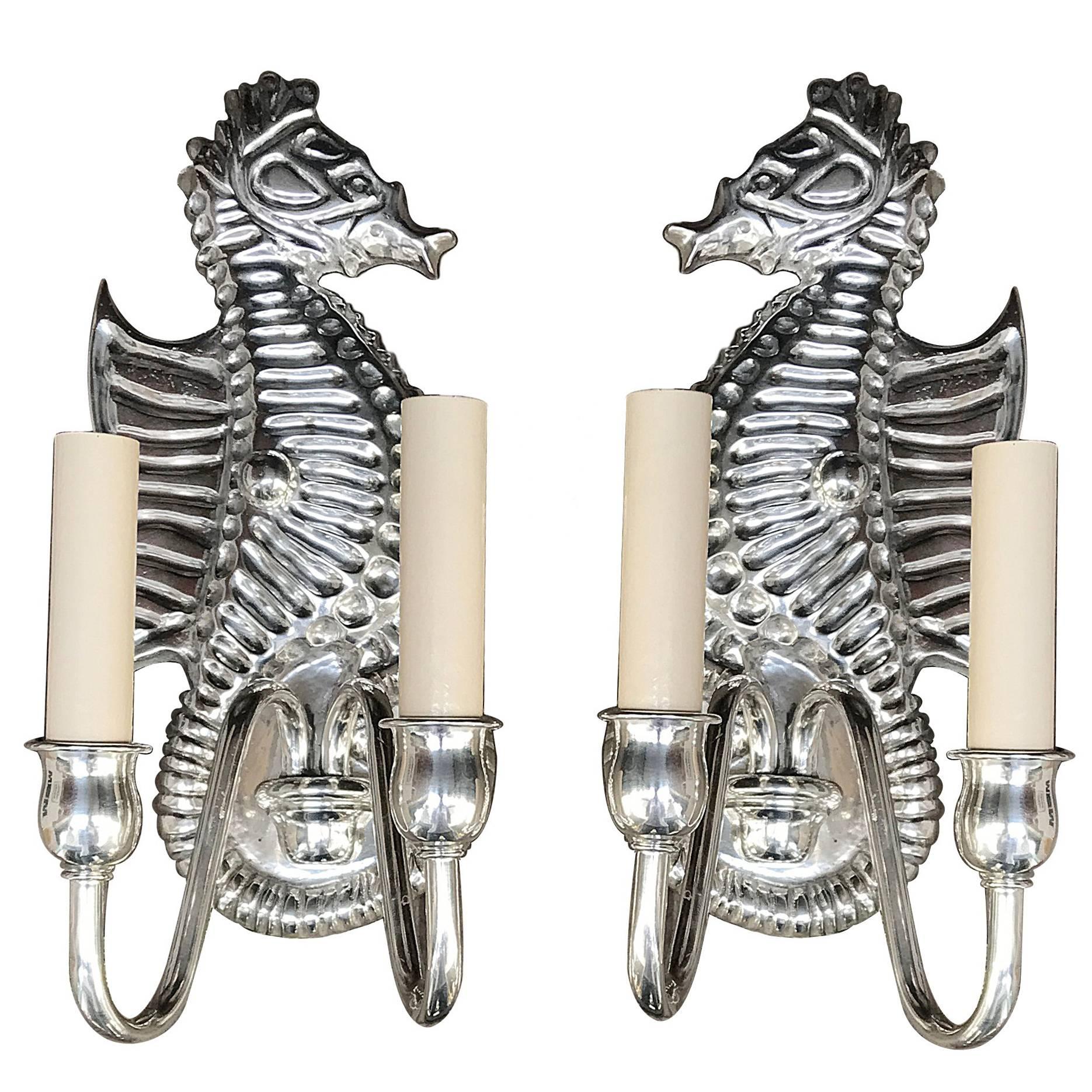 Pair of Silver Plated Sea Horse Sconces For Sale