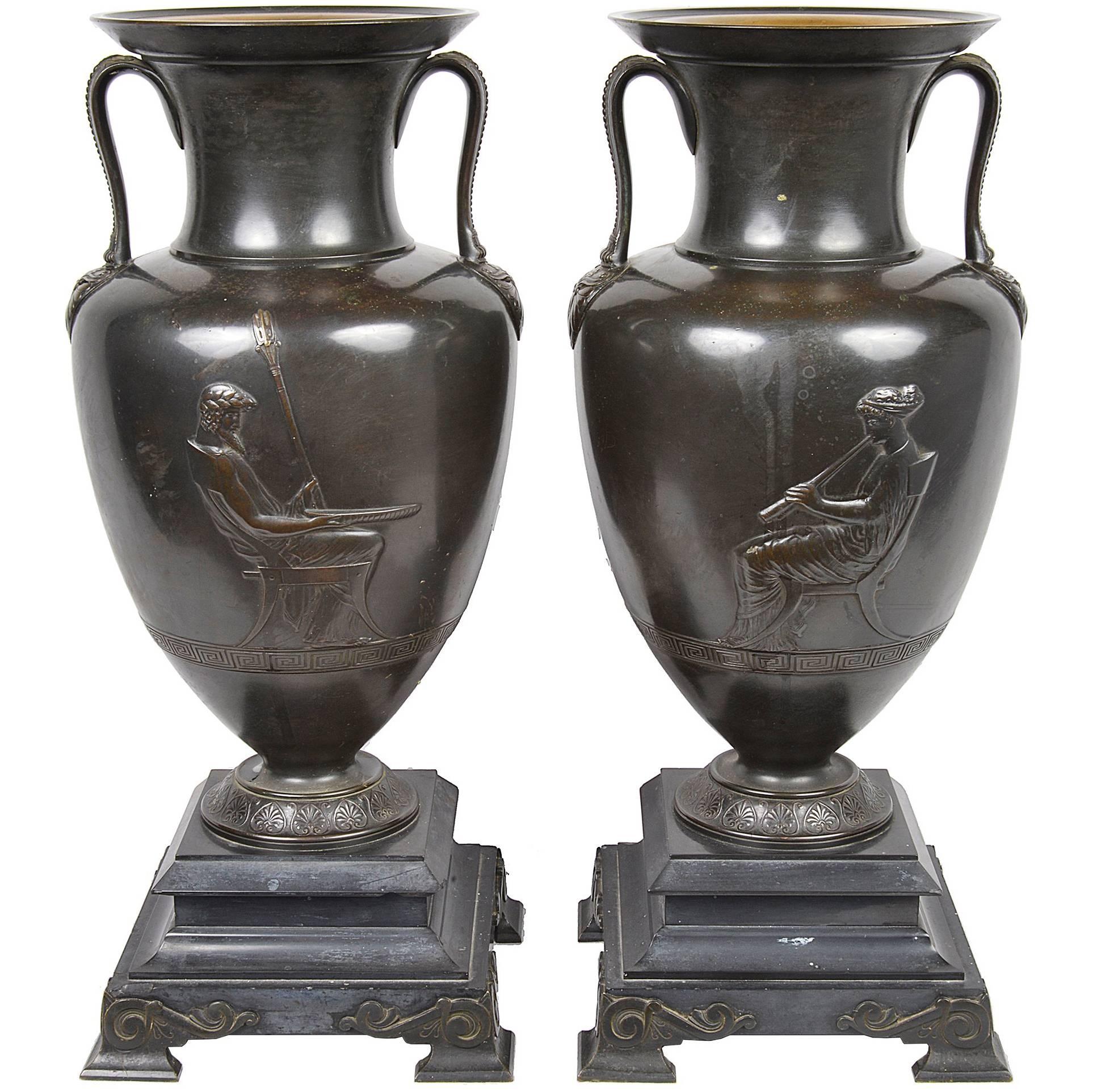 Pair of 19th Century French Bronze Neoclassical Urns