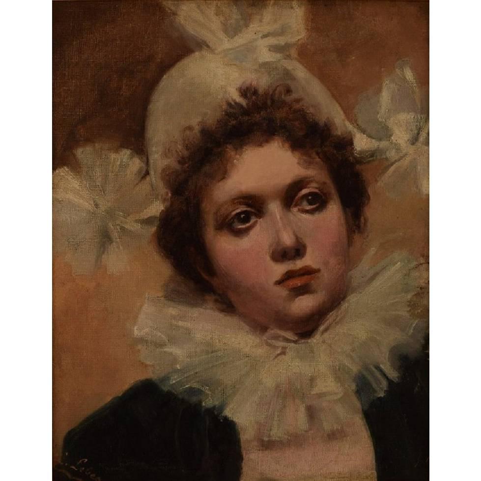 L. Lebeo, French Artist, "La Femme Pierrot" Late 19th Century, Oil on Canvas