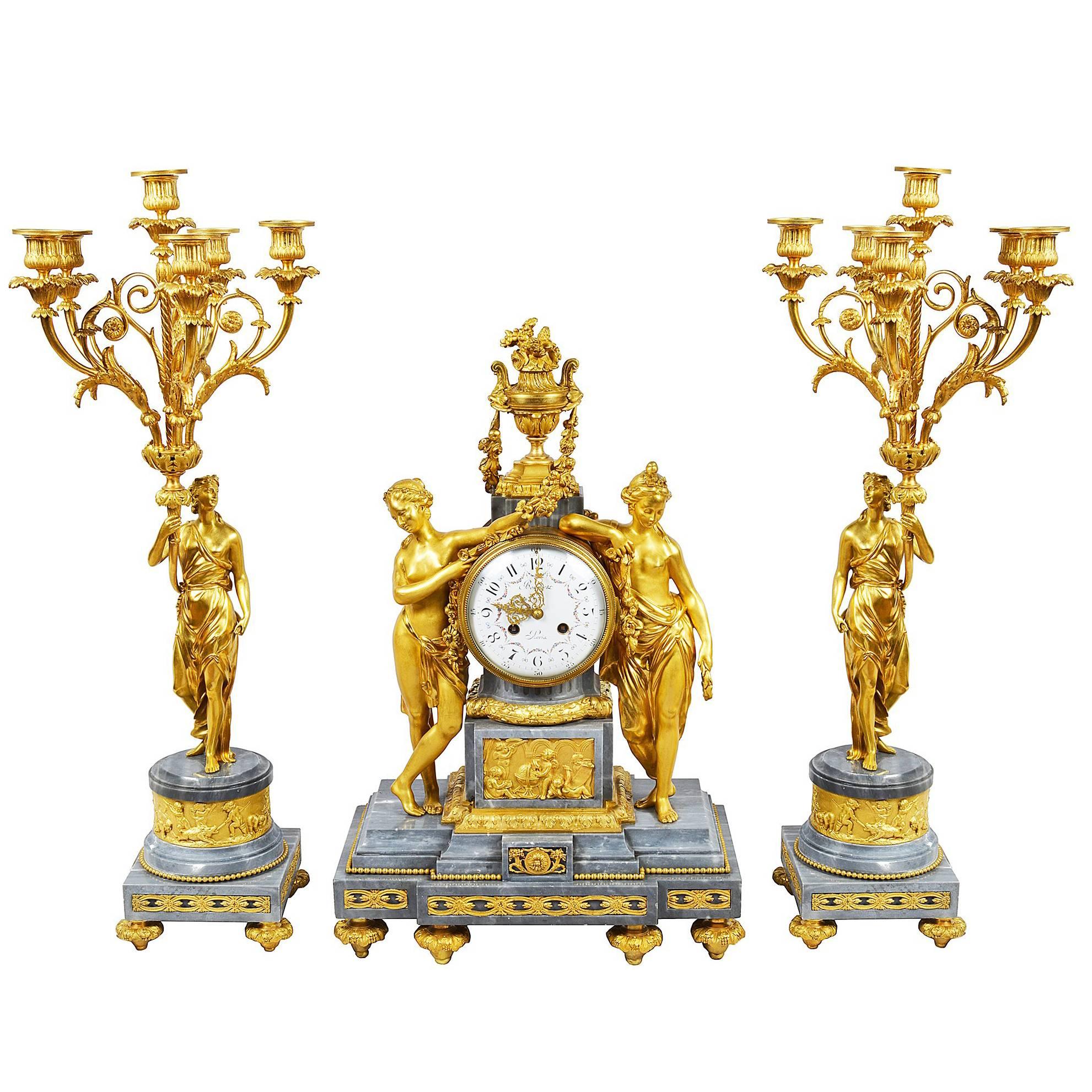 French Louis XVI Style Gilded Clock Set, 19th Century For Sale