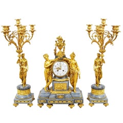 French Louis XVI Style Gilded Clock Set, 19th Century