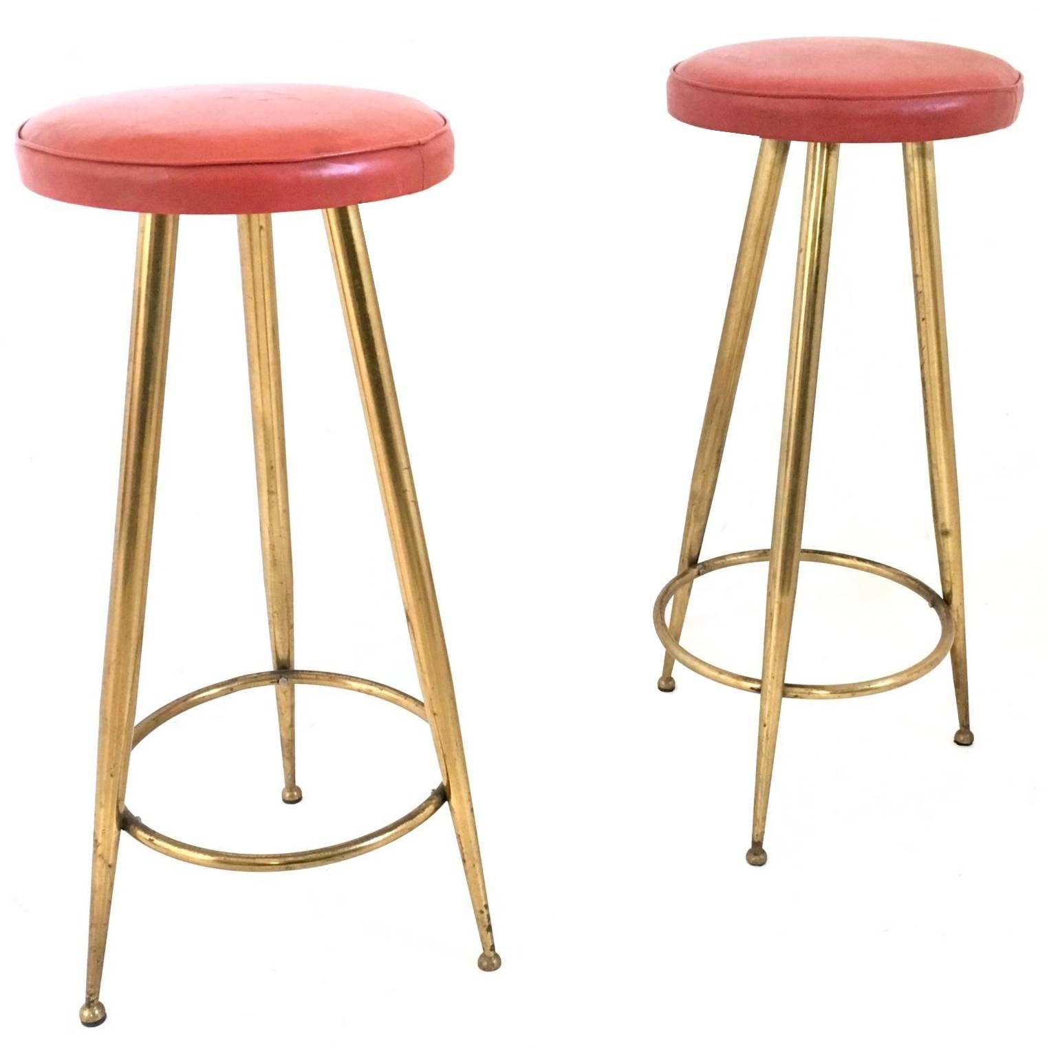 Pair of Skai and Brass Stools, Italy, 1950s