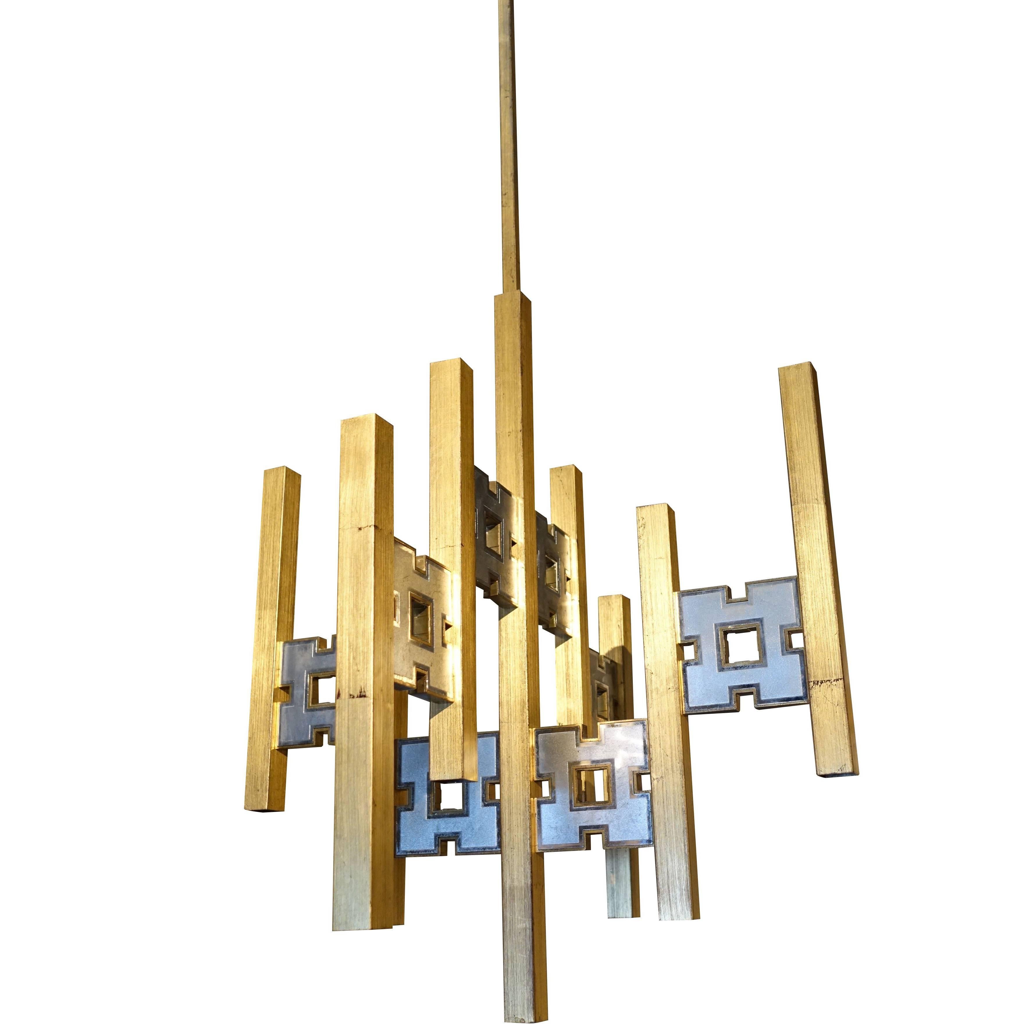 Brushed Brass and Silver Chandelier, Italy, 1970s