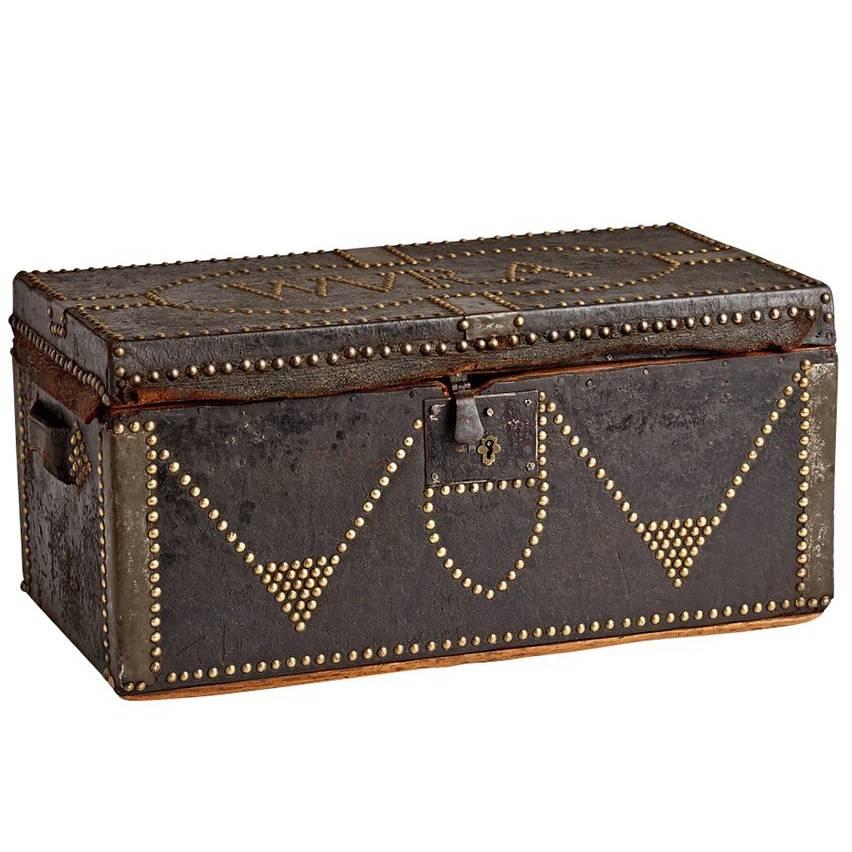 Leather-Clad Trunk with Nailhead Decoration, circa 1910 For Sale