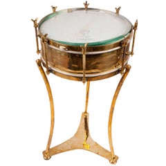 Used Solid Brass Military or Marching Band Snare Drum Converted to Table, Early 1900s