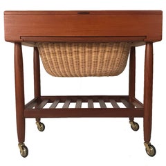 Vintage Danish Teak & Rattan Lift Top Sewing Cart/Table with Wheels, Ejvind A. Johansson