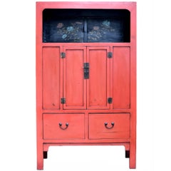 Chinese Antique Red Cabinet with Painted Chrysanthemums