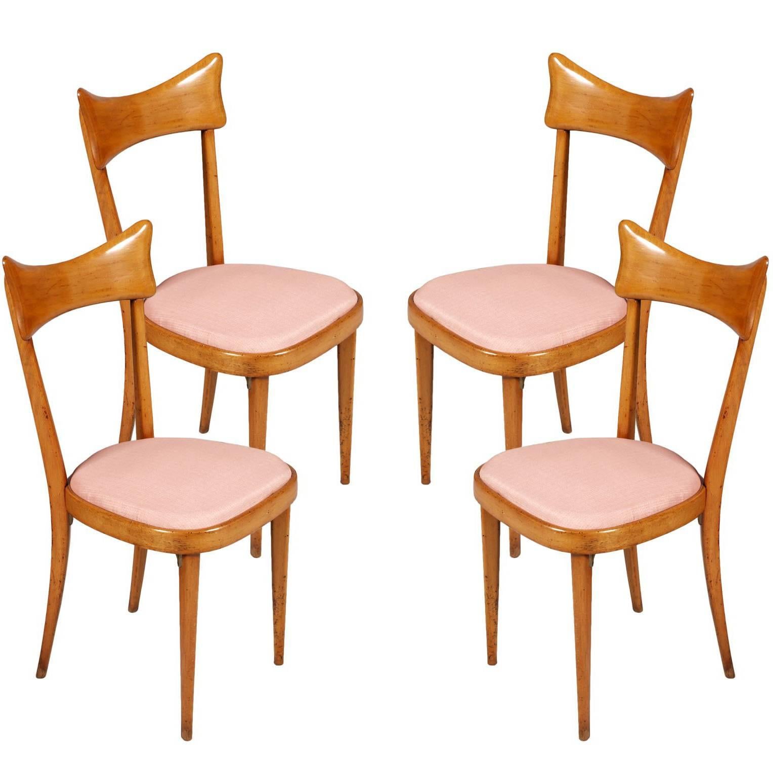 Mid-Century Modern Set of Four Chairs, Ico Parisi Manner in Blond Walnut