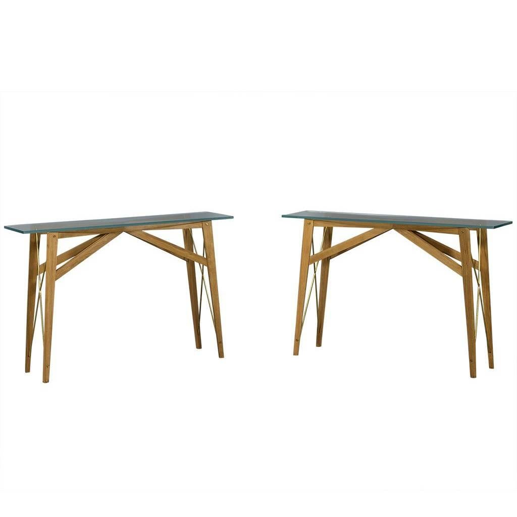 Pair of Vintage Oak Modern Glass Top Console Tables