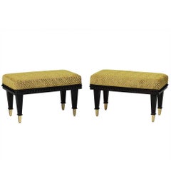 Vintage Pair of Rich Green Cut Velvet Benches Trimmed in Black Bobbles