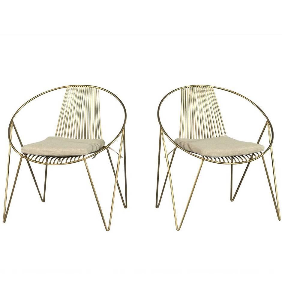 Pair of Modern Saucer Chairs with Brass Frames