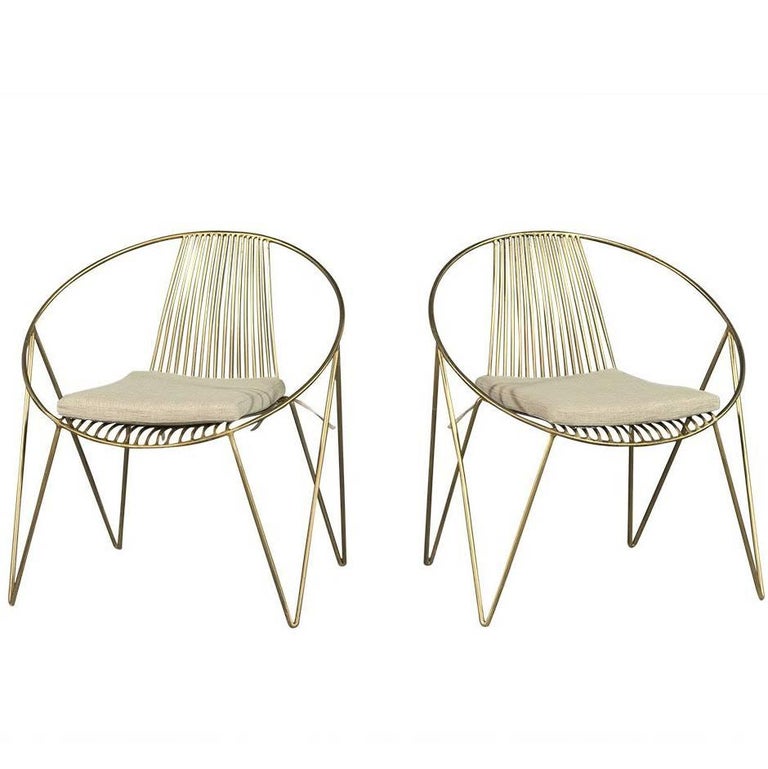 Pair of Modern Saucer Chairs with Brass Frames at 1stDibs