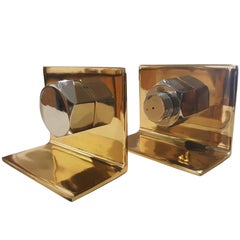 Striking 1970s Pop Brass and Chrome Nut & Bolt Bookends, Newly Replated 11