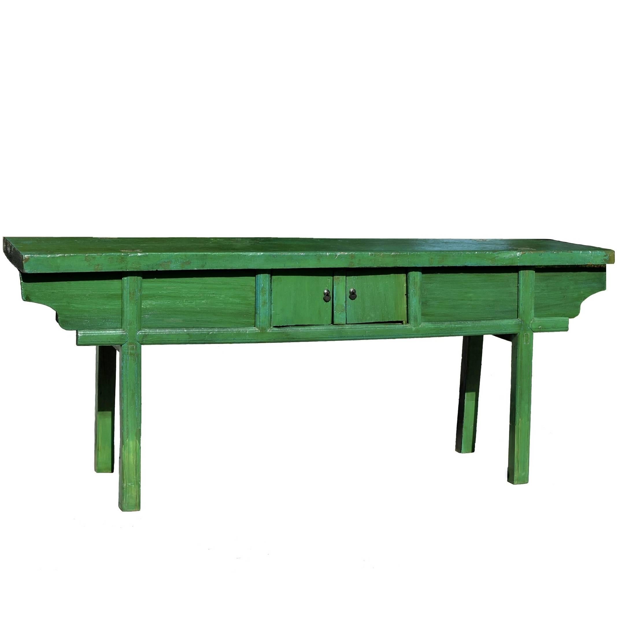 Green Rustic Antique Farm Table, Single Board, Sliding Doors