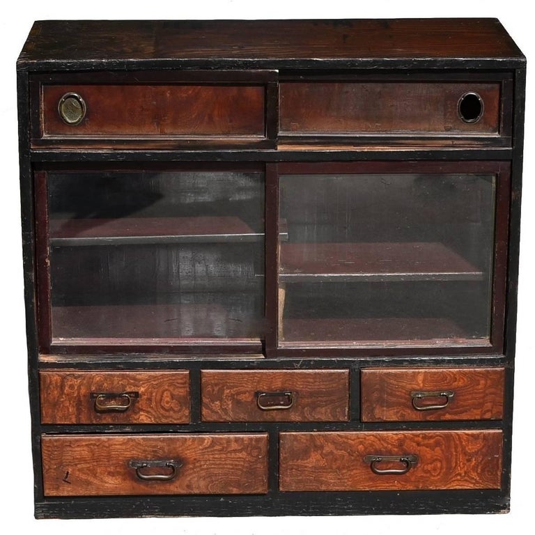Small Vintage Japanese Chest with Burl Wood Fronts at 1stDibs