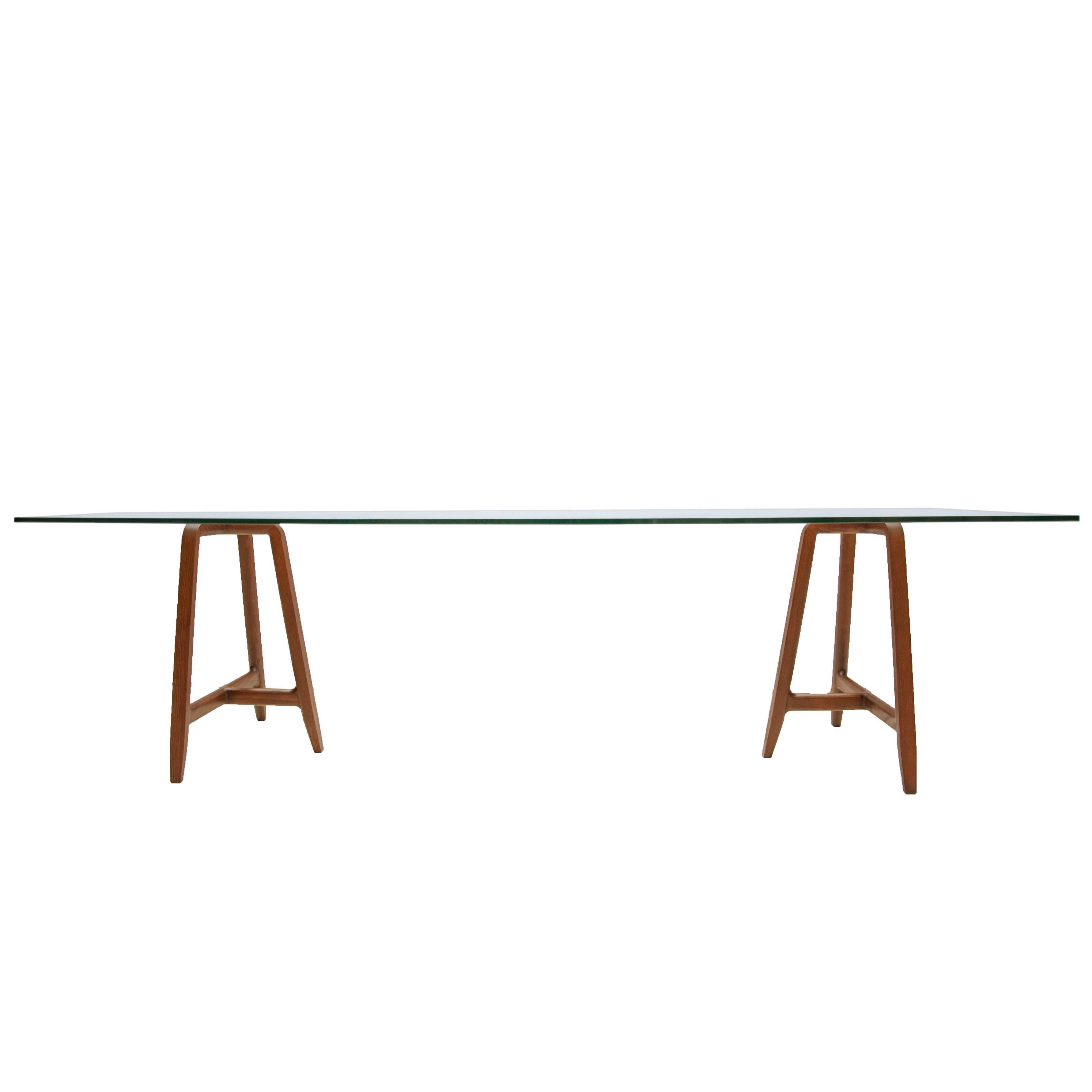 Table « Chevalet » à plateau en verre trempé et base en noyer de L. et R. Palomba pour Driade