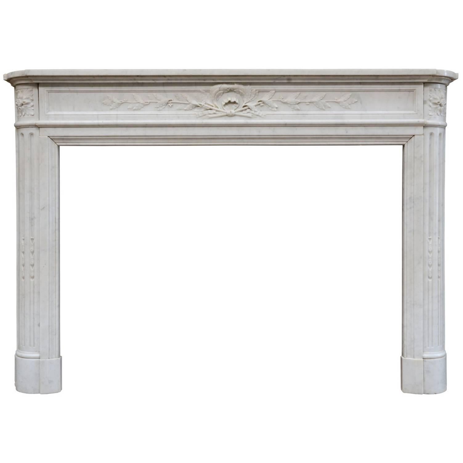 Louis XVI Style White Semi Statuary Marble Fireplace, 19th Century