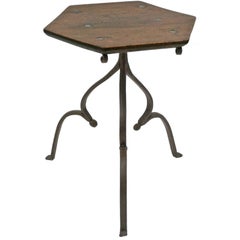 Antique 19th Century, French Rustic Walnut Side Table on Shaped Iron Base