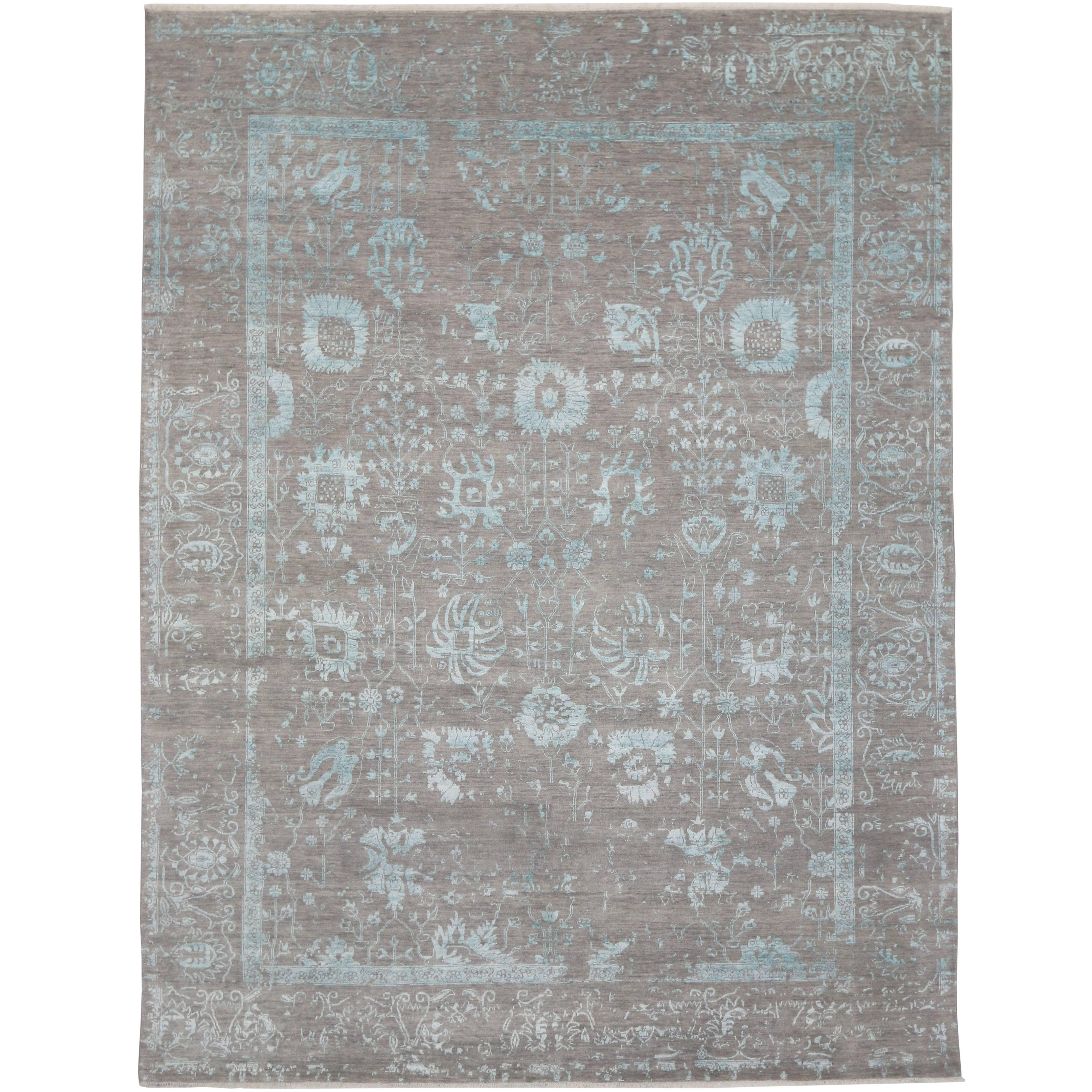 Contemporary Gray Oushak Rug with Erased Design and Modern, Abstract Style