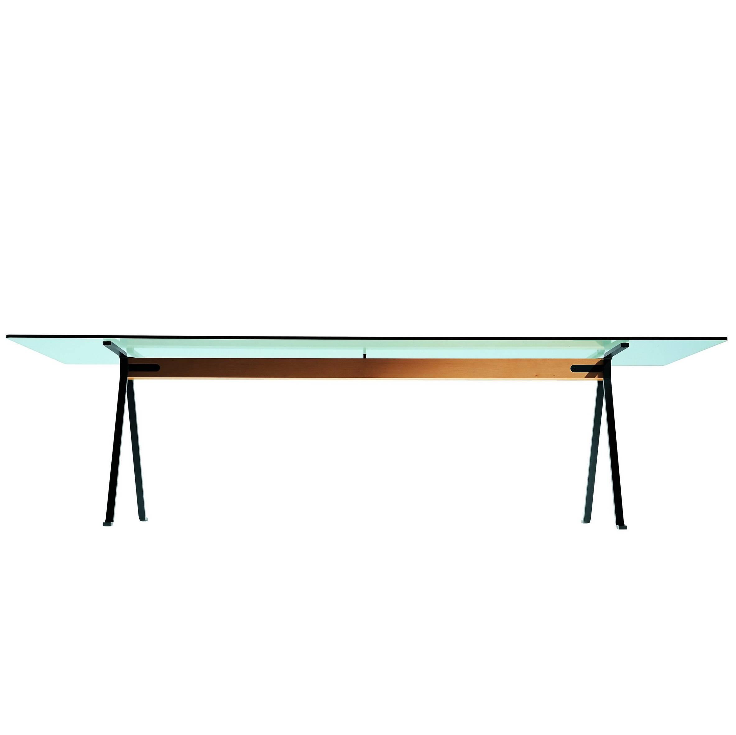 "Frate" Tempered Glass Top Benchwood Beam and Steel Table by E. Mari for Driade For Sale