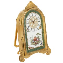 Antique Porcelain and Gilt Brass Watteau Style Victorian Period Strut Clock