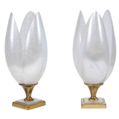 Pair of 1970s Maison Rougier Three-Petal Flowers Table Lamps of White Color