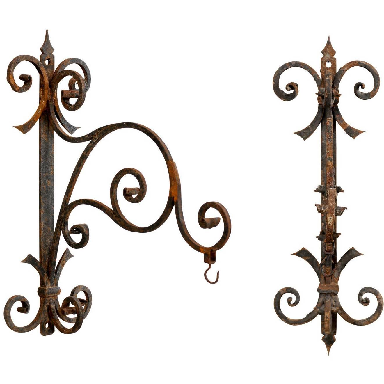 Pair of Italian, 19th Century Iron Scroll-Shaped Hangers with Great Patina For Sale