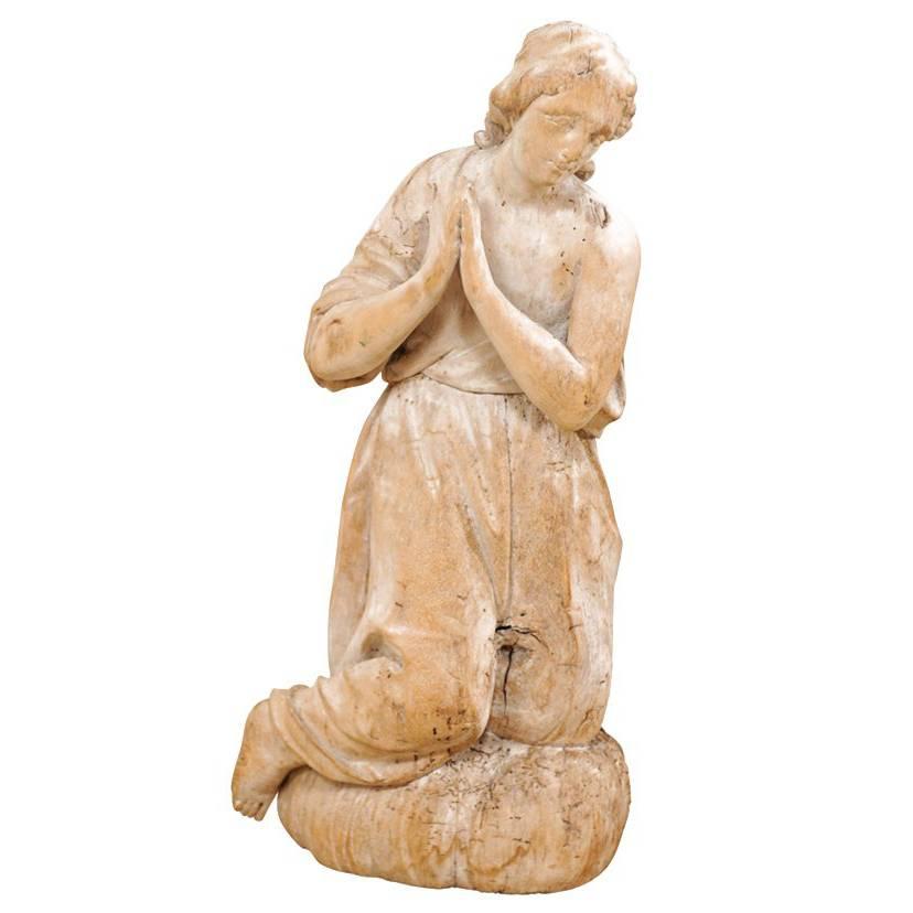 18th Century Carved Wood Female Figure Kneeling in Prayer