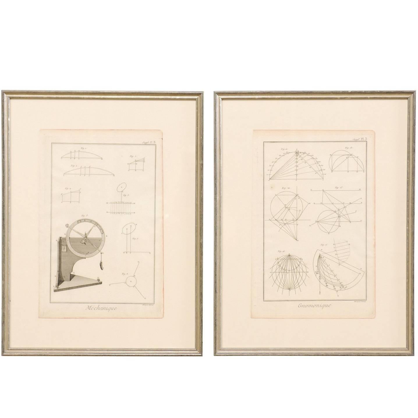 Pair of Mechanical and Geometrical French, 18th Century Framed Renderings