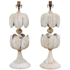 Pair of Fun Italian Pale Blue Table Lamps with Carved Cupped Leaves