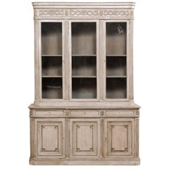French 19th Century Neutral Painted Wood & Glass Tall Cabinet with Moulded Trim